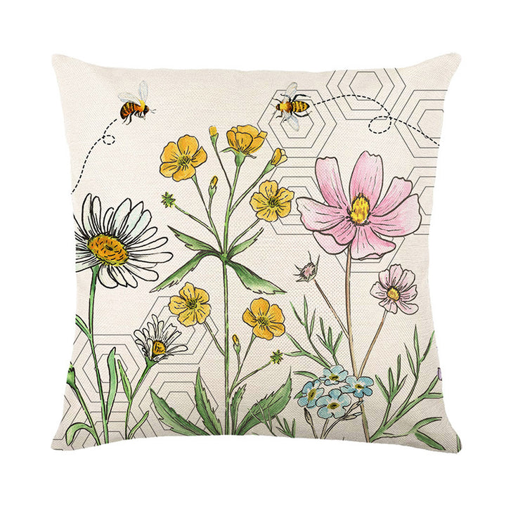 Decorative Cotton-Linen Square Throw Pillow Cover with Hand-Drawn Wildflower & Bee Illustration Concealed Zipper