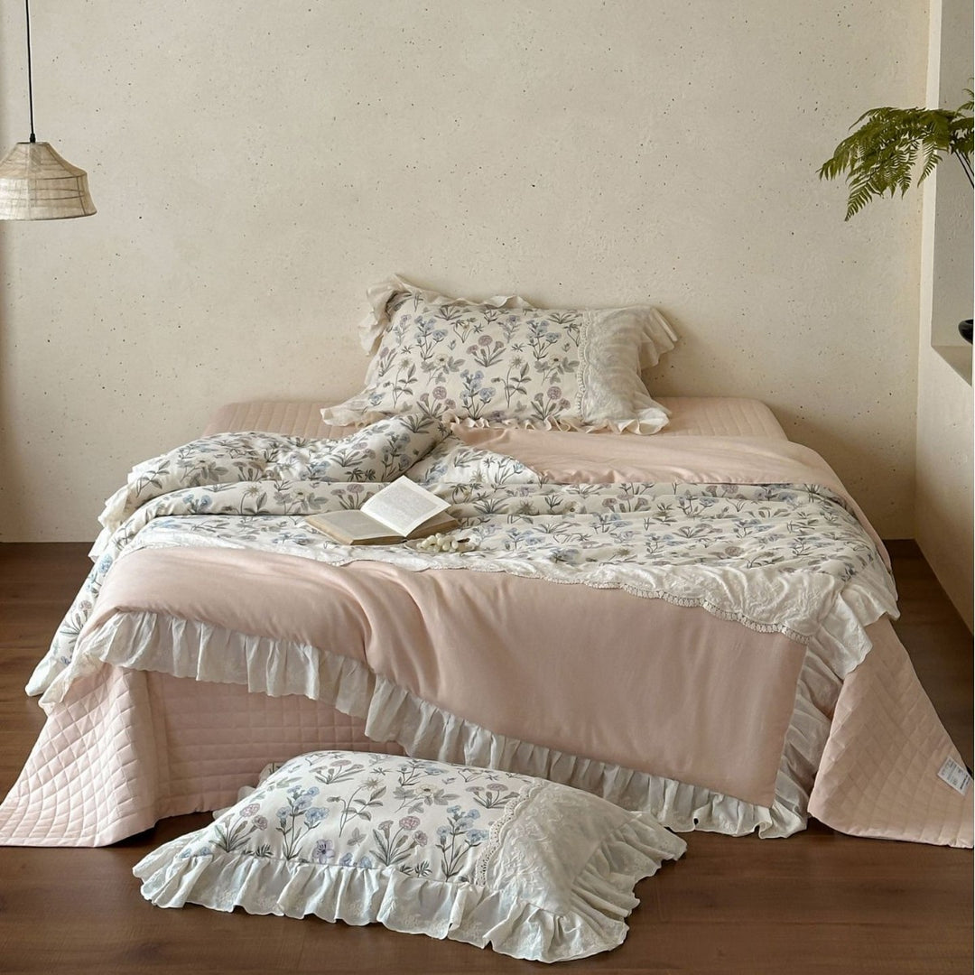 Floral Ruffled Cotton Duvet Cover and Pillowcase Bedding Set