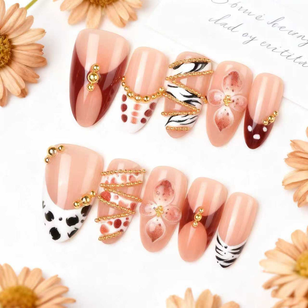 Artistic Press-On Nail Art Set with Floral and Gem Embellishments Stornfield