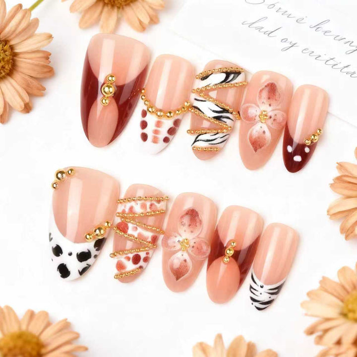 Artistic Press-On Nail Art Set with Floral and Gem Embellishments Stornfield