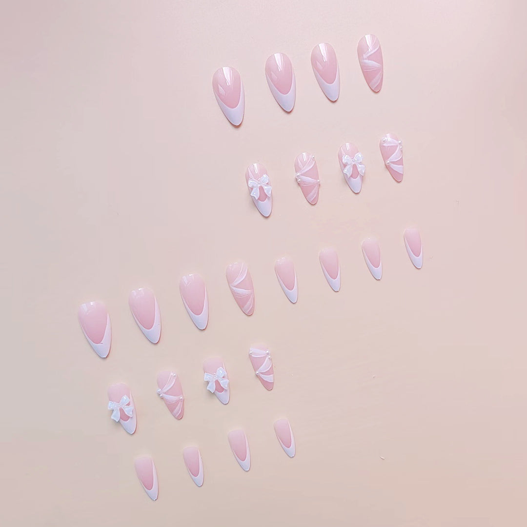 Artificial nail set with elegant 3D bows and lace decorations Stornfield