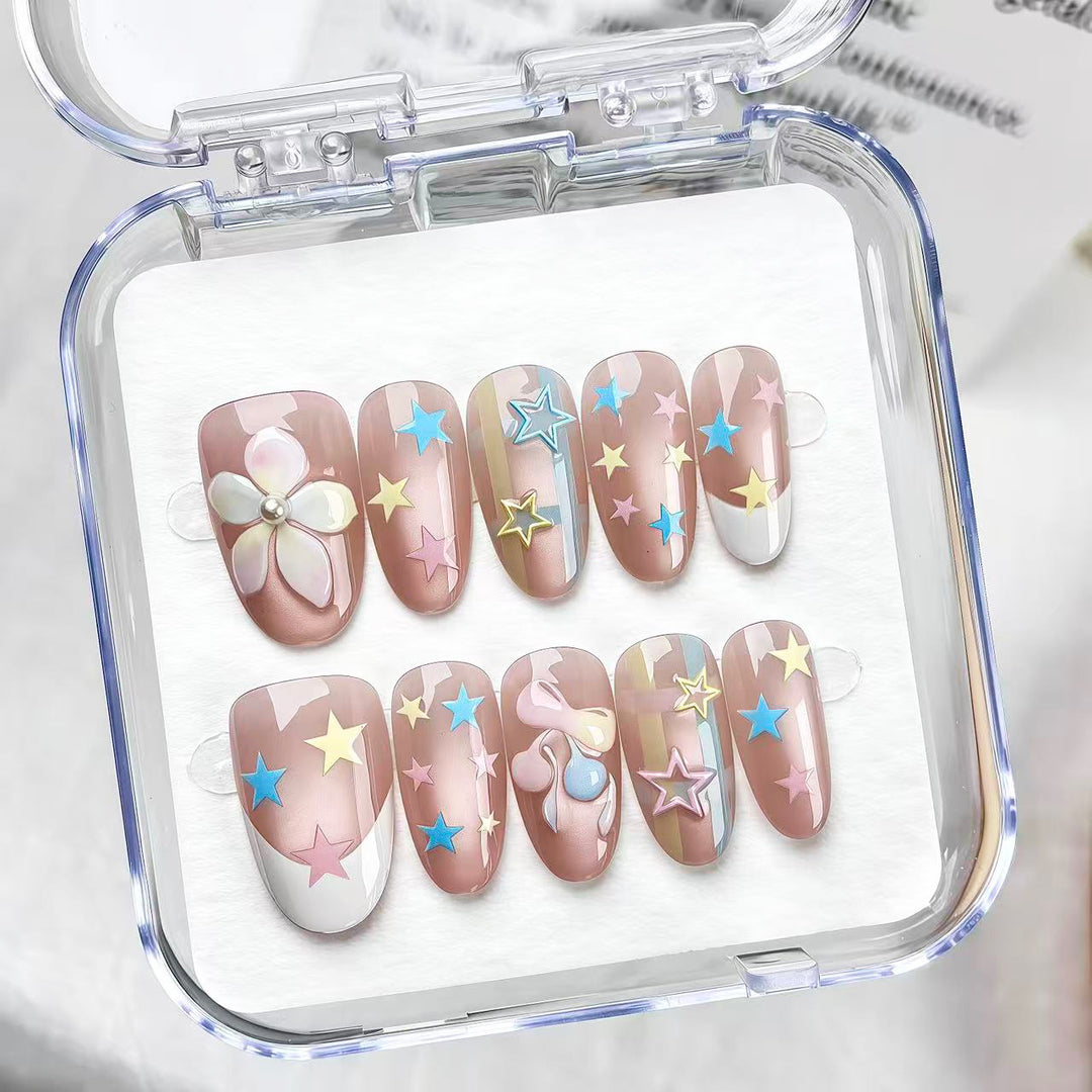 Artistic Press-On Nail Set with Star and Flower Designs