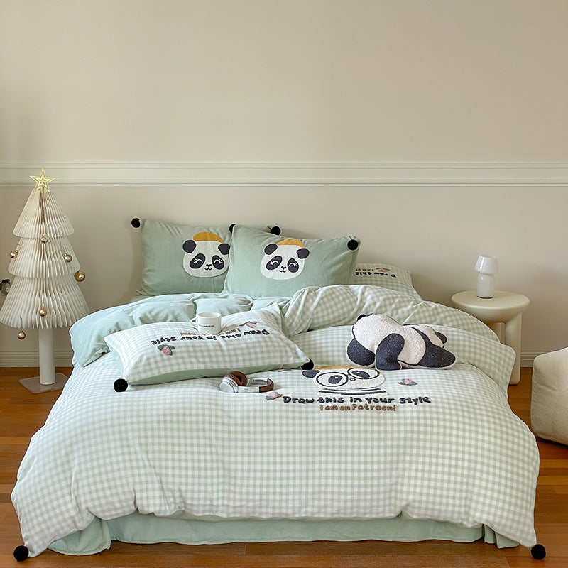 Embroidered Gingham Puppy Duvet Cover Bedding Set with Plush Accent Pillows