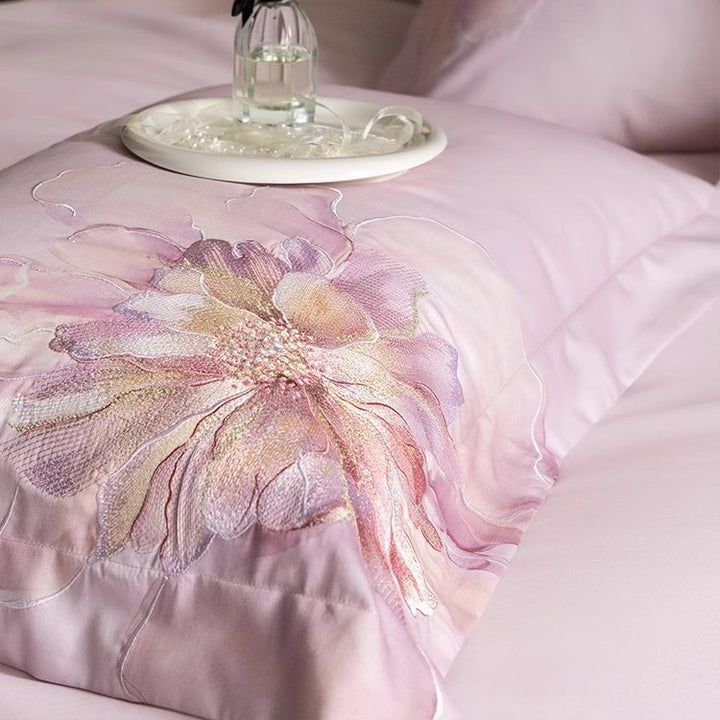 Silky Sateen Hydrangea-Print Duvet Cover Set with Reversible Back and Decorative Shams
