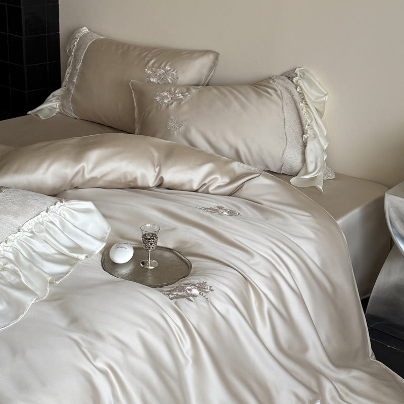 Embroidered Satin Duvet Cover Set with Ruffled Lace-Trim Pillow Shams