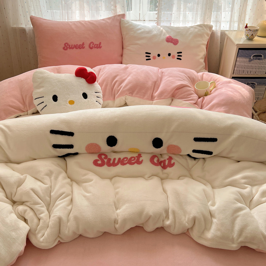 Plush Embroidered Kawaii Cat Comforter Set