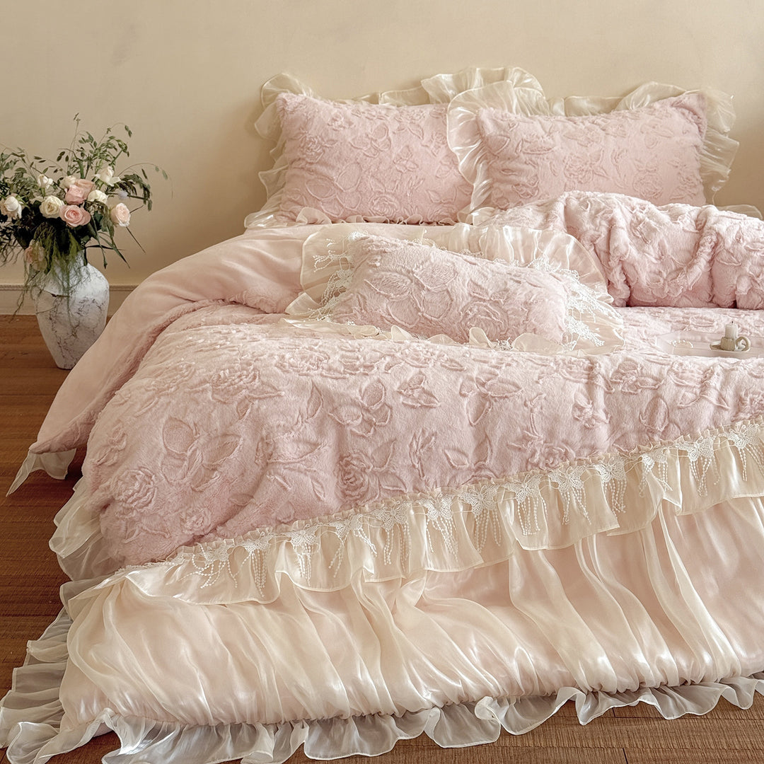 Ruffled Satin-Trim Quilted Floral Duvet Cover & Pillow Sham Set