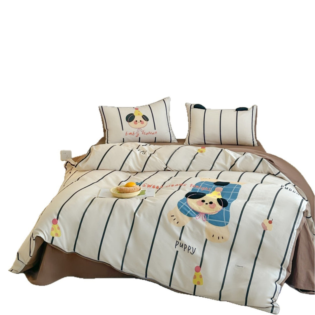 Children's Cartoon Puppy Duvet Cover Bedding Set with Reversible Stripe Pattern and Pillow Shams