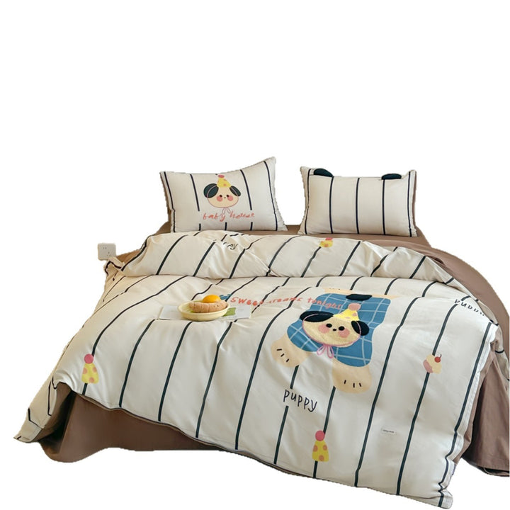 Children's Cartoon Puppy Duvet Cover Bedding Set with Reversible Stripe Pattern and Pillow Shams