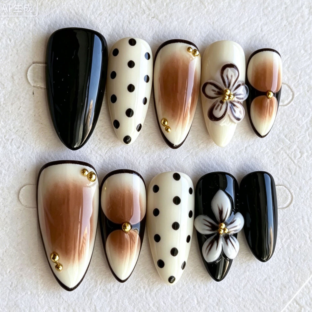 Artistic Press-On Nail Art Set with Floral and Polka Dot Designs Stornfield