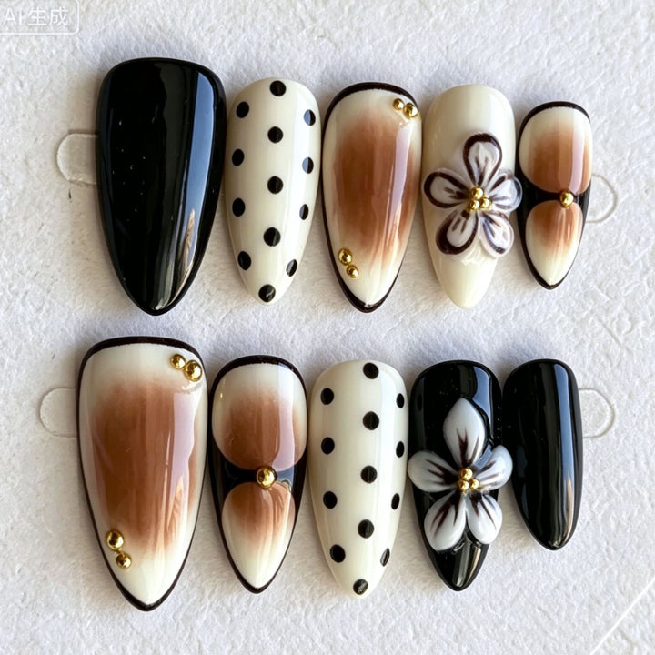 Artistic Press-On Nail Art Set with Floral and Polka Dot Designs Stornfield