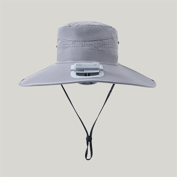wide-brimmed outdoor sun hat with solar module, quiet mini fan, and adjustable chin strap Stornfield