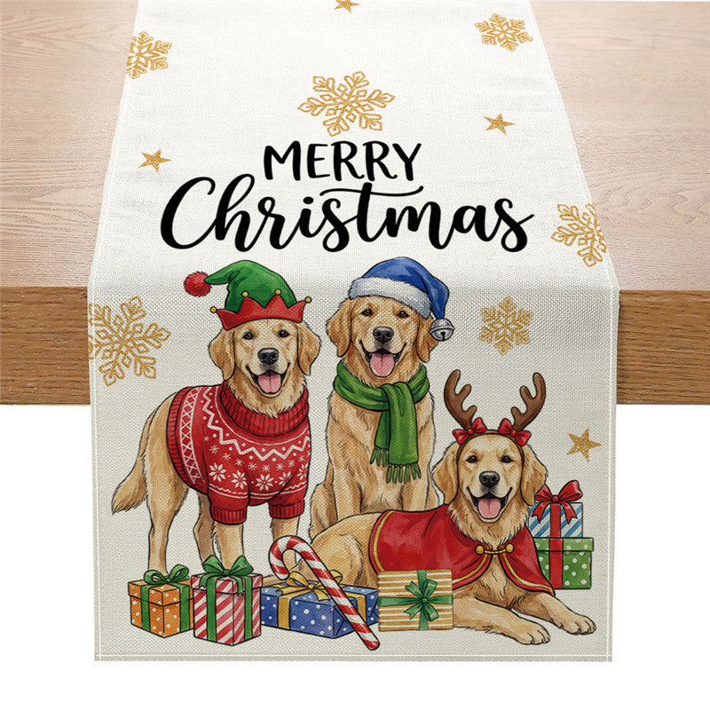 Festive Cotton-Linen Christmas Table Runner with Santa Truck and Snowman Illustration