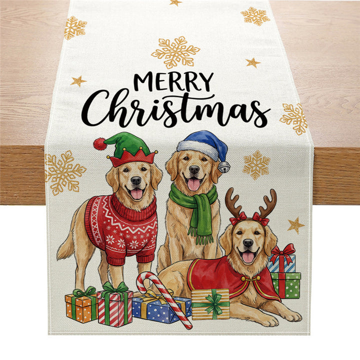 Festive Cotton-Linen Christmas Table Runner with Santa Truck and Snowman Illustration