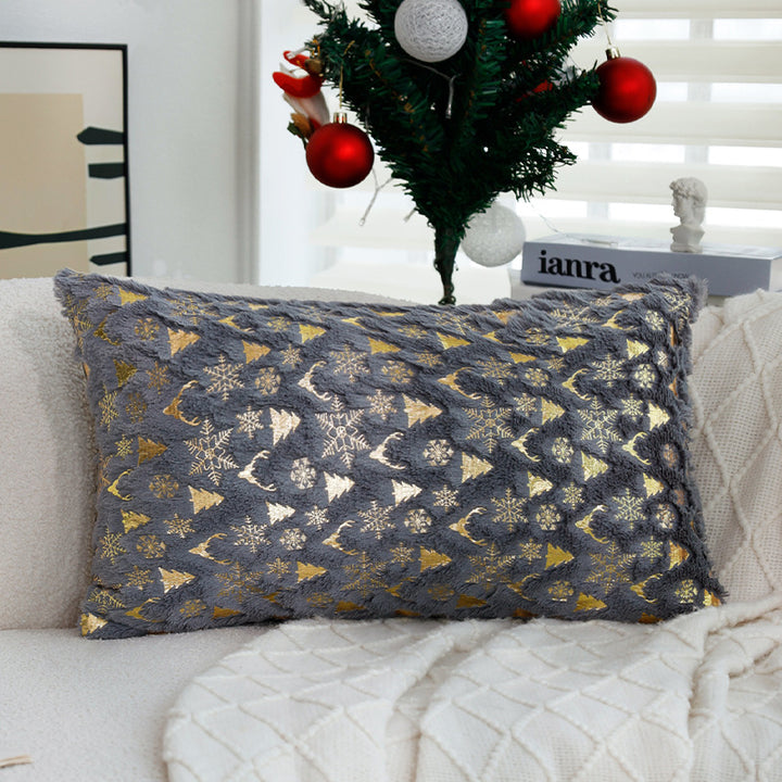 Square Christmas pillowcase made of velvet with deer, Christmas tree, and snowflake design Stornfield
