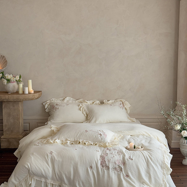 Embroidered cotton muslin bedding set with ruffle and floral watercolor embroidery design Stornfield