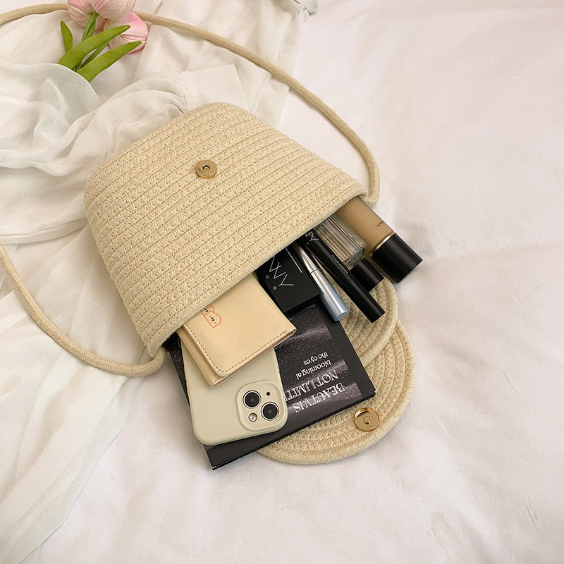 Woven Textured Handbag with Decorative Closure
