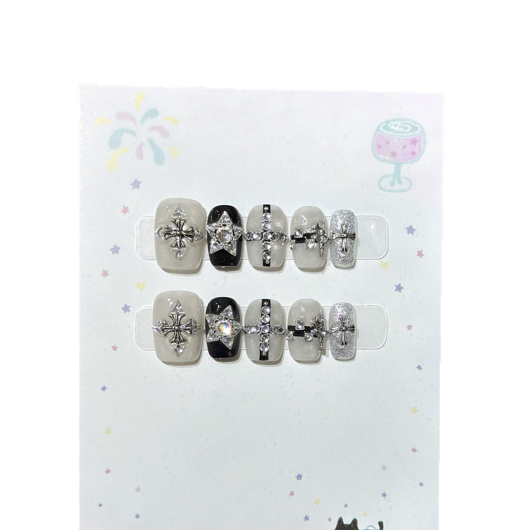 Artistic Press-On Nail Art Set with Gemstone Accents Stornfield