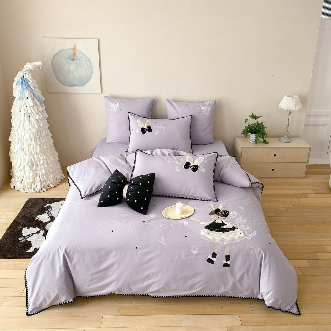 Embroidered Cotton Duvet Cover Set with Appliqué Ballet Doll & Decorative Bow Pillows