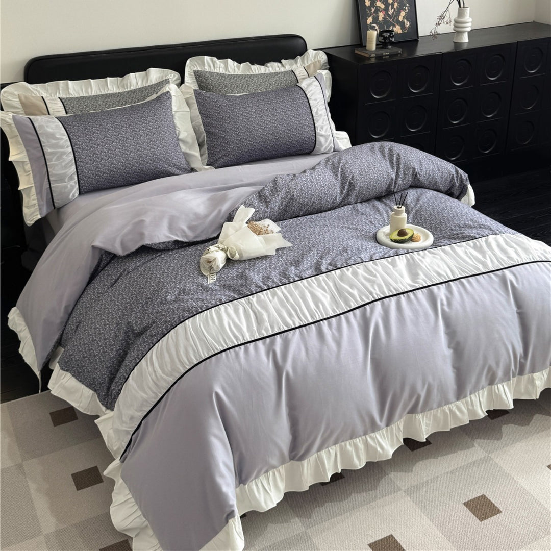 Ruffled-Edge Brushed Microfiber Duvet Cover Set with Center Floral Panel and Pillow Shams