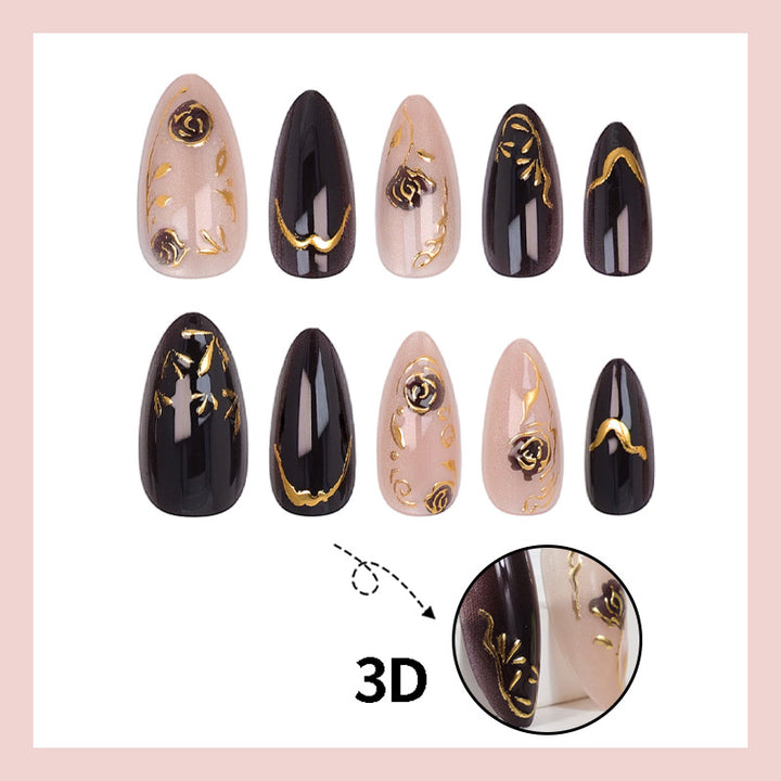 Nail set with elegant gold embellishments and original patterns Stornfield