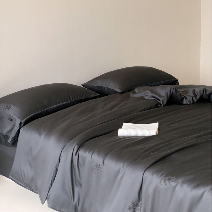 Silky Satin Luxury Bedding Set with Embroidered Duvet and Pillowcases