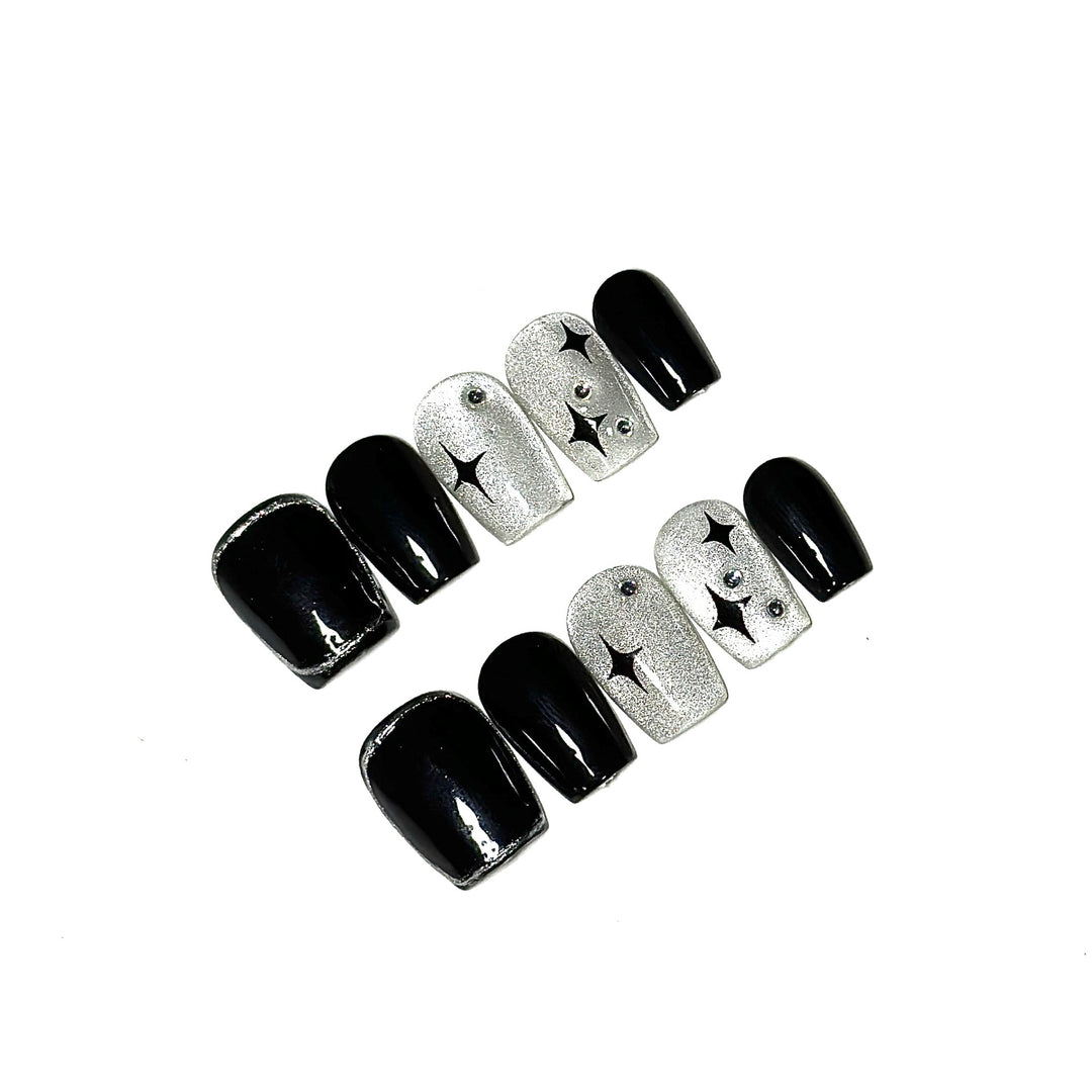 Artistic Press-On Nail Art Set with Heart and Celestial Designs
