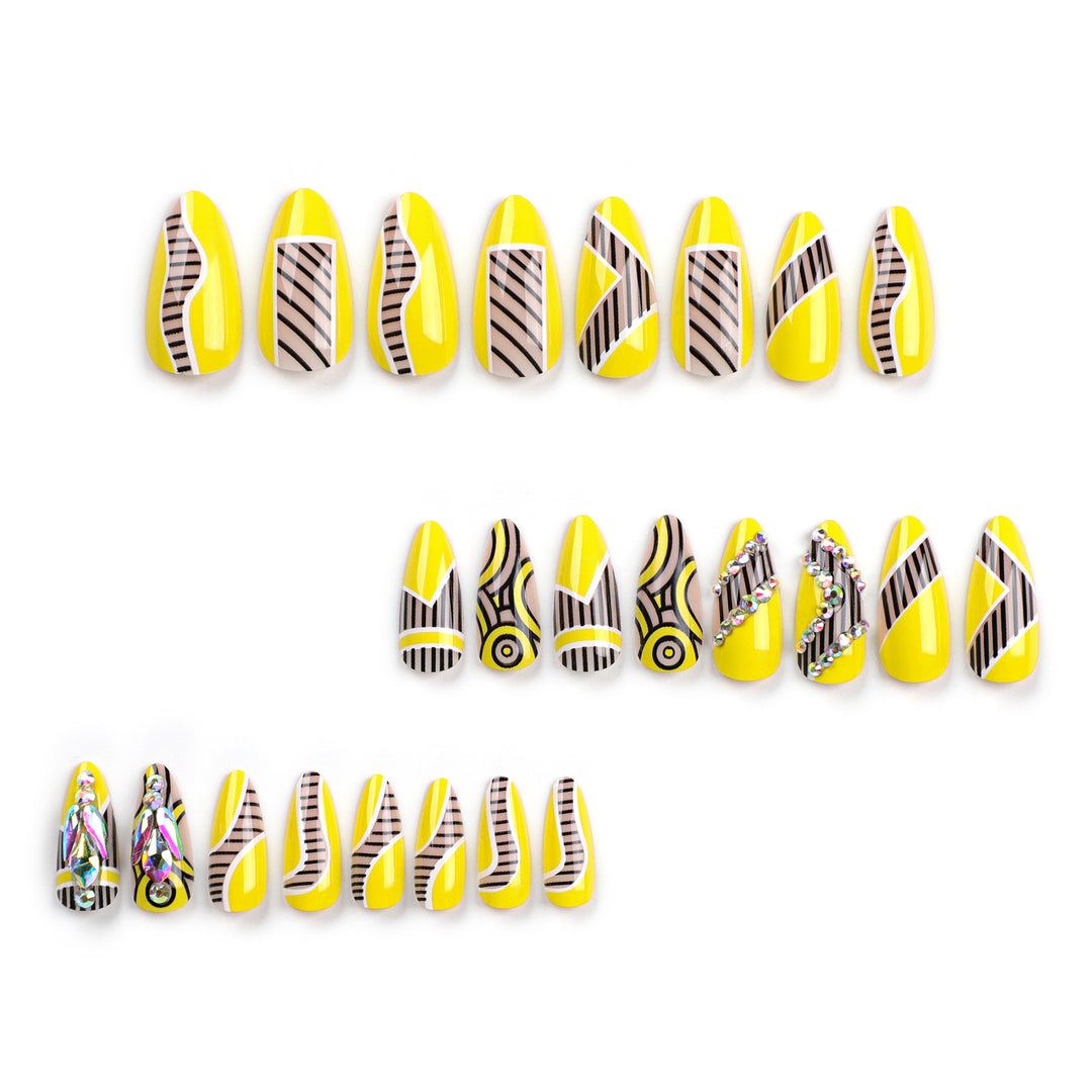 Artful nail extensions with geometric design and glitter accents Stornfield