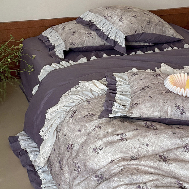 Reversible Floral-Print Ruffled Duvet Cover Set with Eyelet Lace Trim and Matching Shams