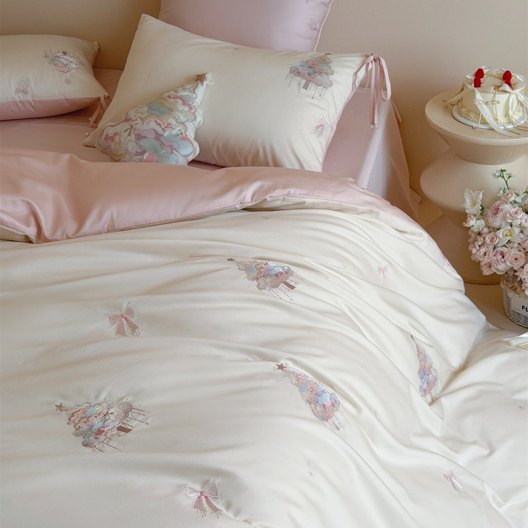 Pastel Cloud Embroidered Cotton Sateen Duvet Cover Set with Ribbon-Tie Shams