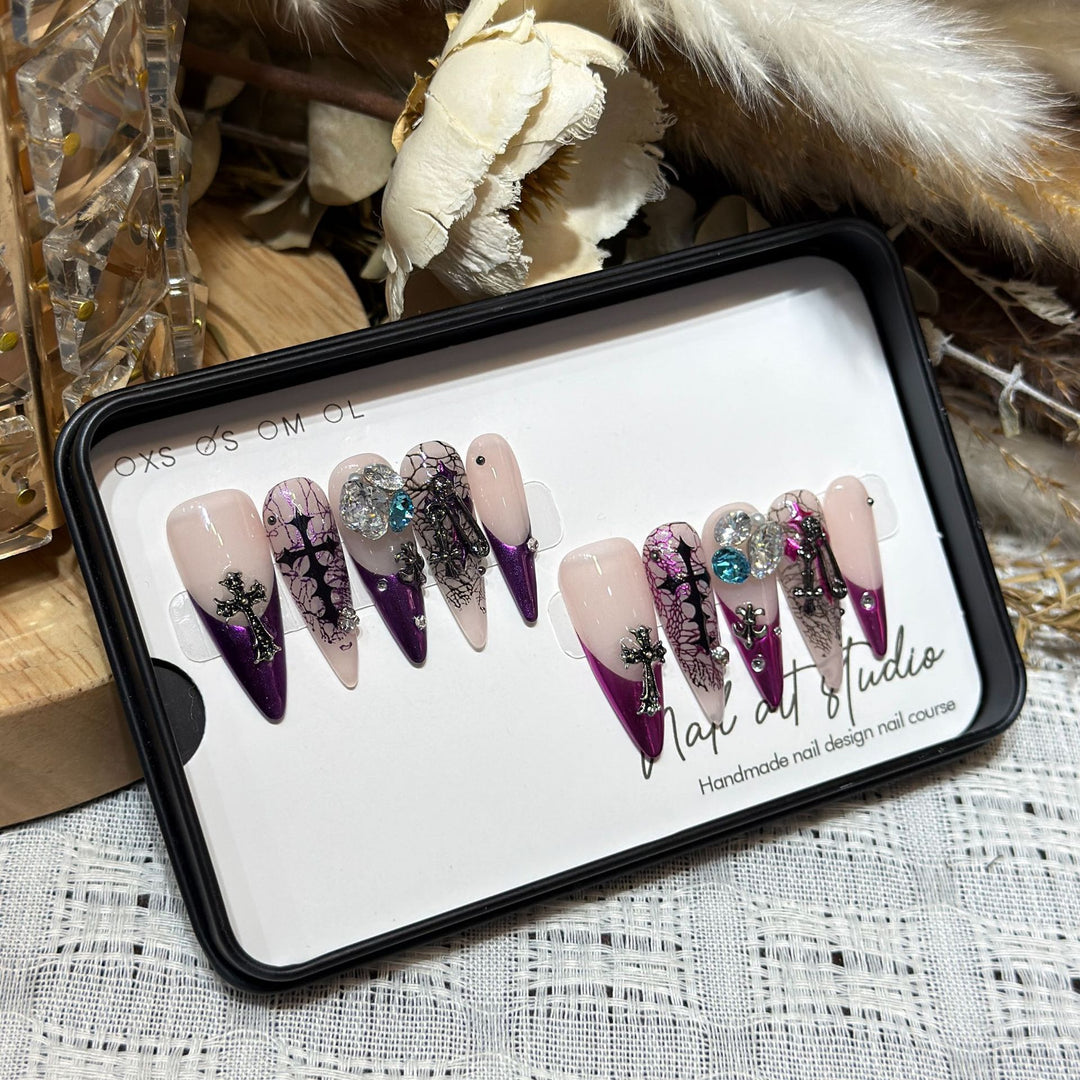 Artistic Stiletto Press-On Nail Set with Unique Floral and Gemstone Accents Stornfield