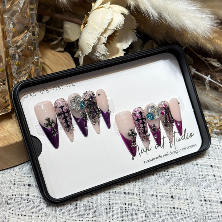 Artistic Stiletto Press-On Nail Set with Unique Floral and Gemstone Accents Stornfield
