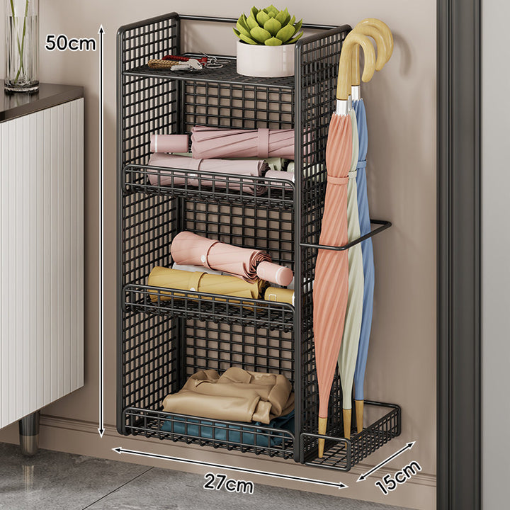 Wall-Mounted Mesh Entryway Organizer with Three-Tier Shelves and Side Umbrella Rack