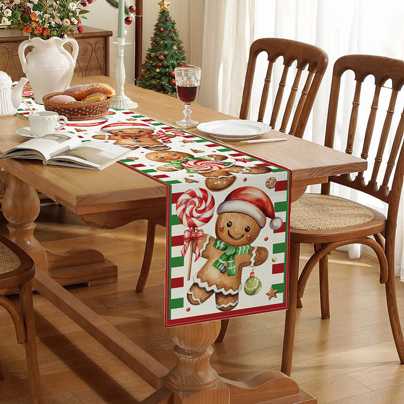 Linen-Texture Cotton-Blend Christmas Table Runner with Burlap Trim and Winter Tree Illustration