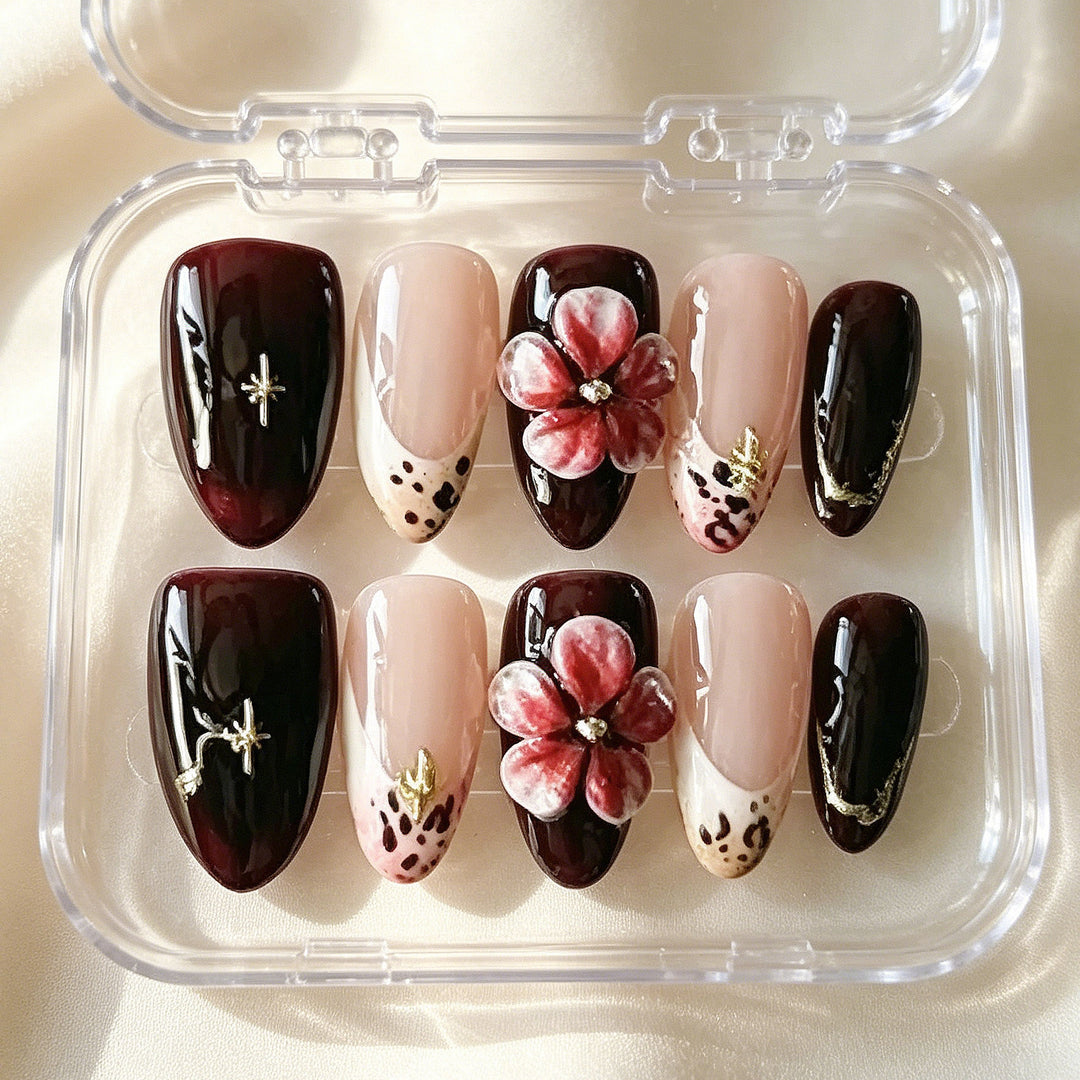 Artistic Press-On Nail Set with Floral and Leopard Accents