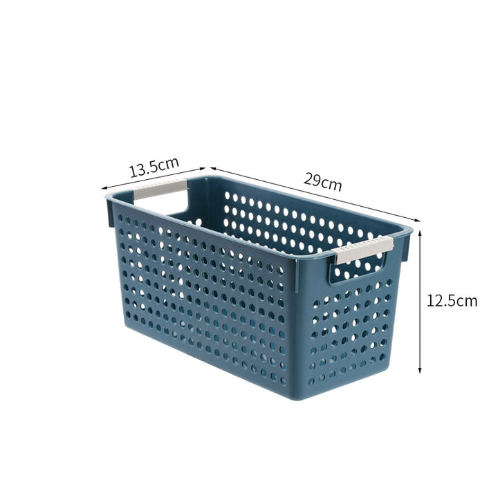 Flat plastic storage box with perforated side wall and grip recesses