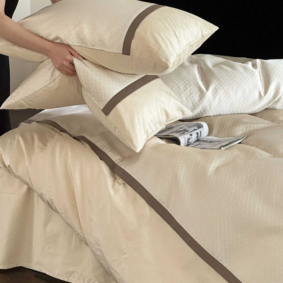 Hotel-Style Brushed Cotton Duvet Cover Set with Textured Quilt Panel and Contrasting Border
