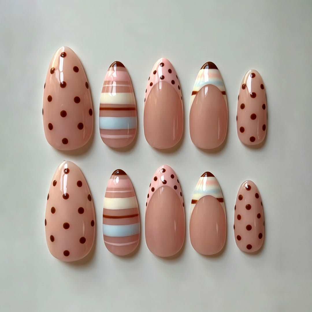 Artistic Press-On Nail Art Set with Playful Polka Dot and Striped Designs Stornfield