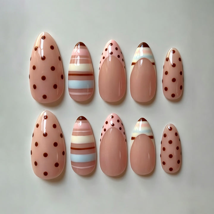 Artistic Press-On Nail Art Set with Playful Polka Dot and Striped Designs Stornfield