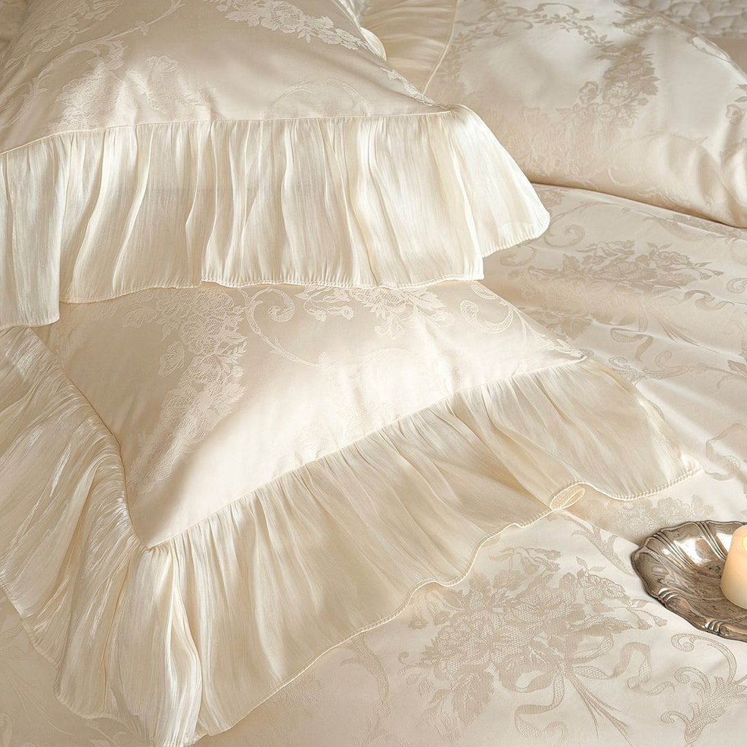 Romantic Pleated Silk-Feel Duvet Cover Ensemble with Lace-Edged Floor-Length Skirt