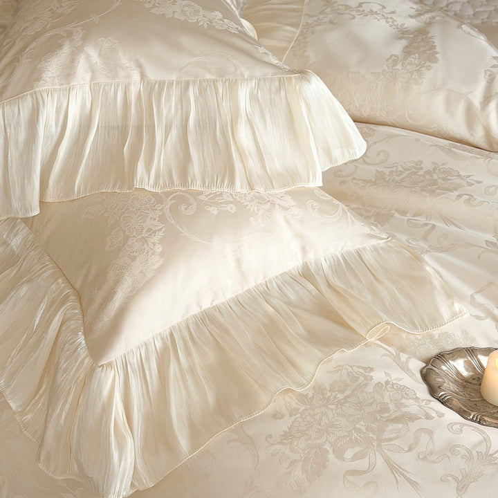 Romantic Pleated Silk-Feel Duvet Cover Ensemble with Lace-Edged Floor-Length Skirt