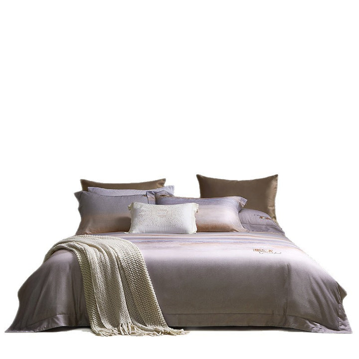 Marble-Effect Cotton Sateen Duvet Cover Set with Knitted Throw and Oxford Shams