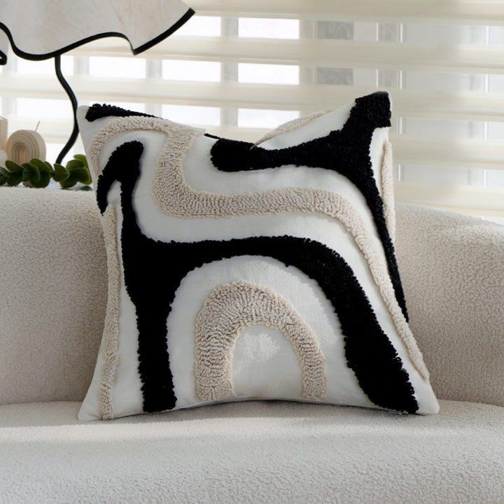 Square Boho cushion cover with diagonal teddy relief, fringes, and corner tassels Stornfield