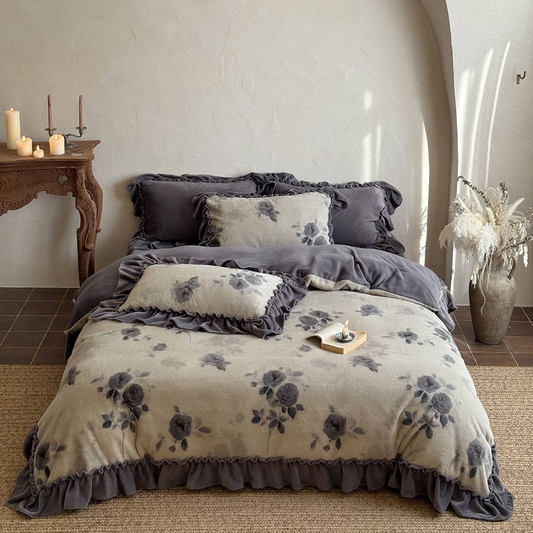 Ruffled Floral Plush Reversible Duvet Cover Set with Velvet Reverse & Decorative Pillow Shams