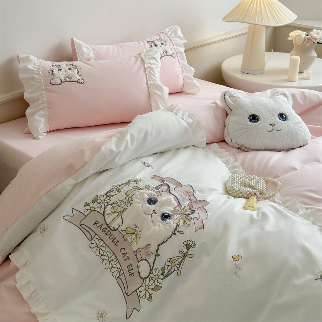 Ragdoll Cat Embroidered Cotton Sateen Duvet Cover Set with Frilled Edge & Decorative Pillow Shams