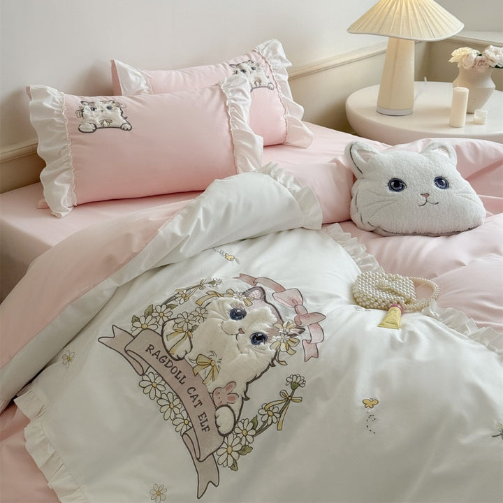 Ragdoll Cat Embroidered Cotton Sateen Duvet Cover Set with Frilled Edge & Decorative Pillow Shams