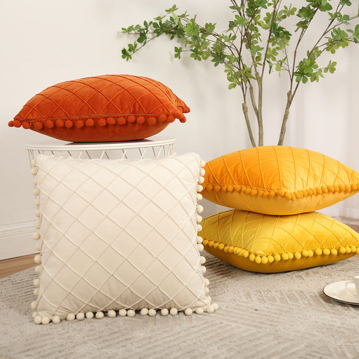 Decorative Velvet Pom-Pom Grid Tufted Throw Pillow Cover
