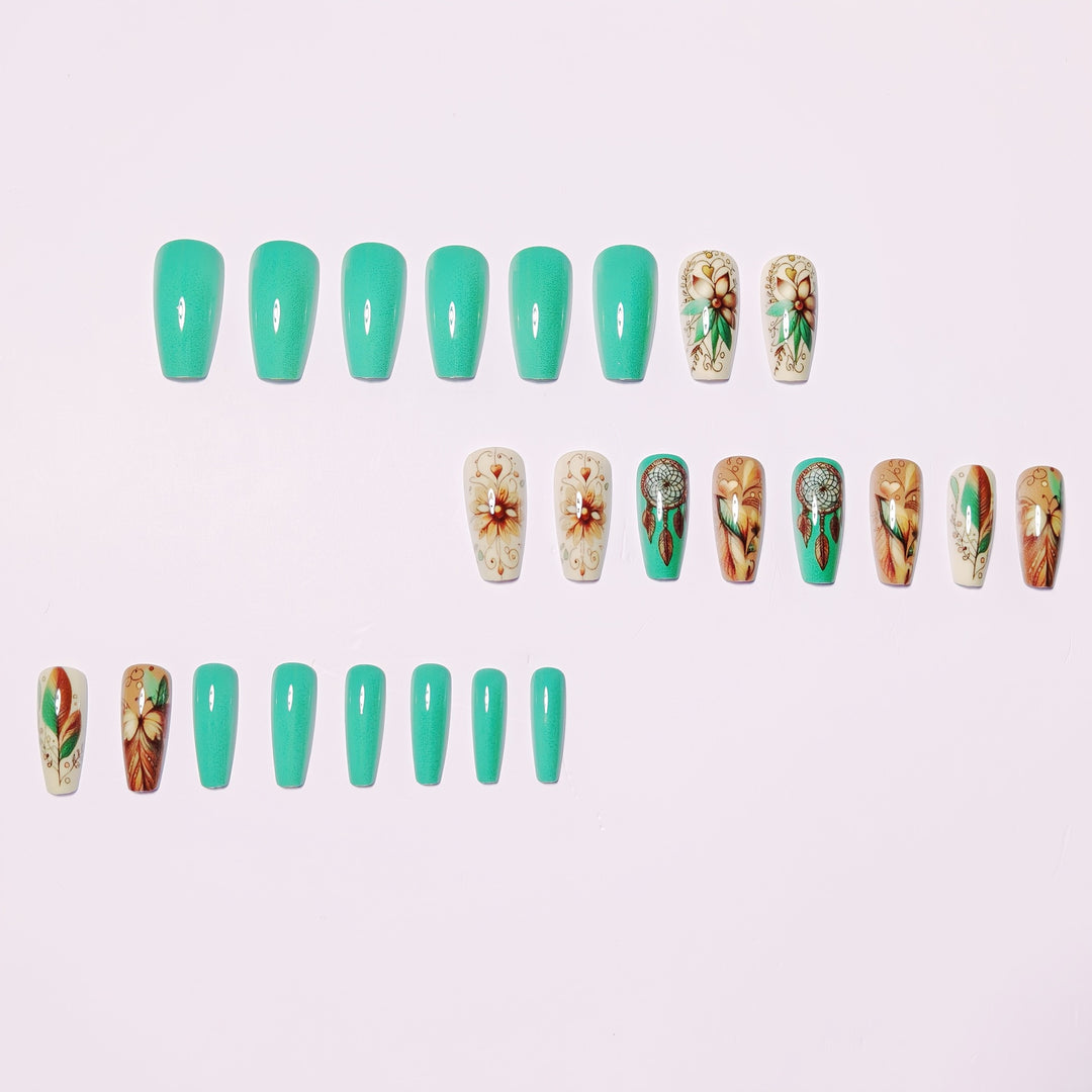 Creative artificial nails with floral and dreamcatcher design elements Stornfield