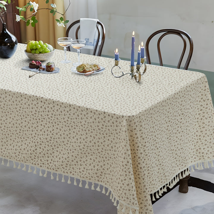 Rectangular tablecloth with floral Millefleurs print and cotton tassels Stornfield