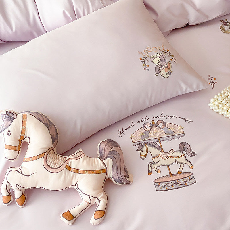 Children's Embroidered Carousel Cotton Duvet Cover Set with Pillow Shams